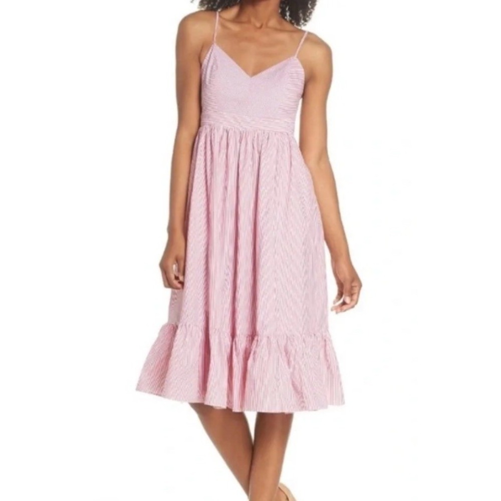 J. Crew Drapey Spaghetti Strap Dress Sz 6 Ruffle Hem Pink-Red White Stripe Party